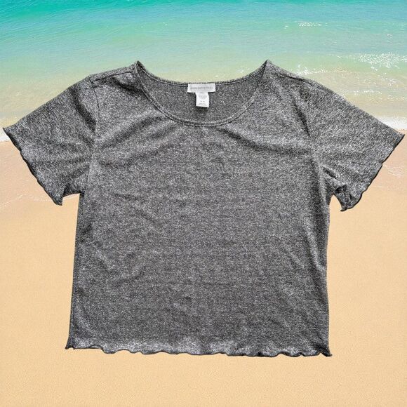 Urban Outfitters Tops - EUC Urban Outfitters Shimmer Y2K Baby T Silver Metallic Crop Top Lettuce Hem XL